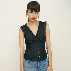 Reformation Melodie Linen Top Black Lace-Trim Button Front Top